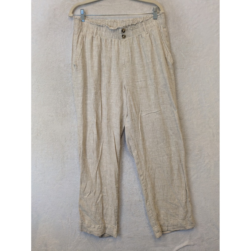 Briggs Trousers Women's Large Beige Linen Blend Elastic‎ Waist Relaxed Straight